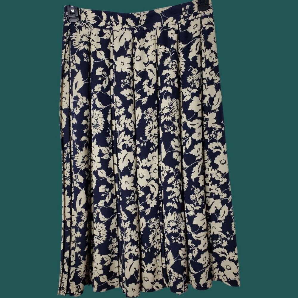 St.Michael Vtg Style Floral Pleated Midi Skirt Navy & Cream Sz 16